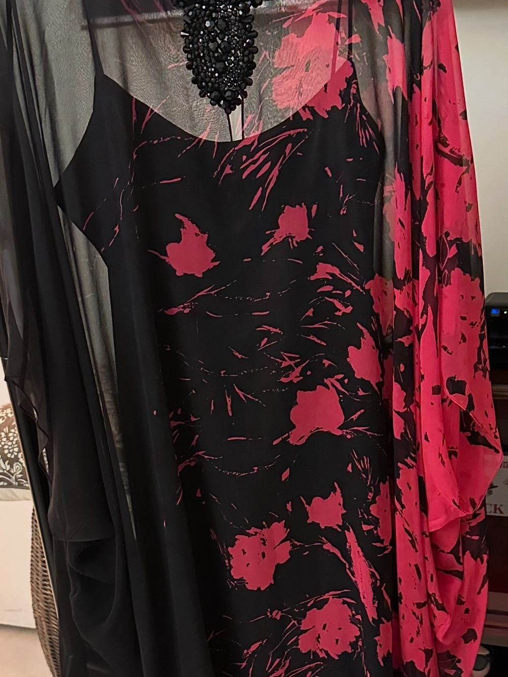Black & Crimson Floral Sheer Chiffon Layered Dress Size 12